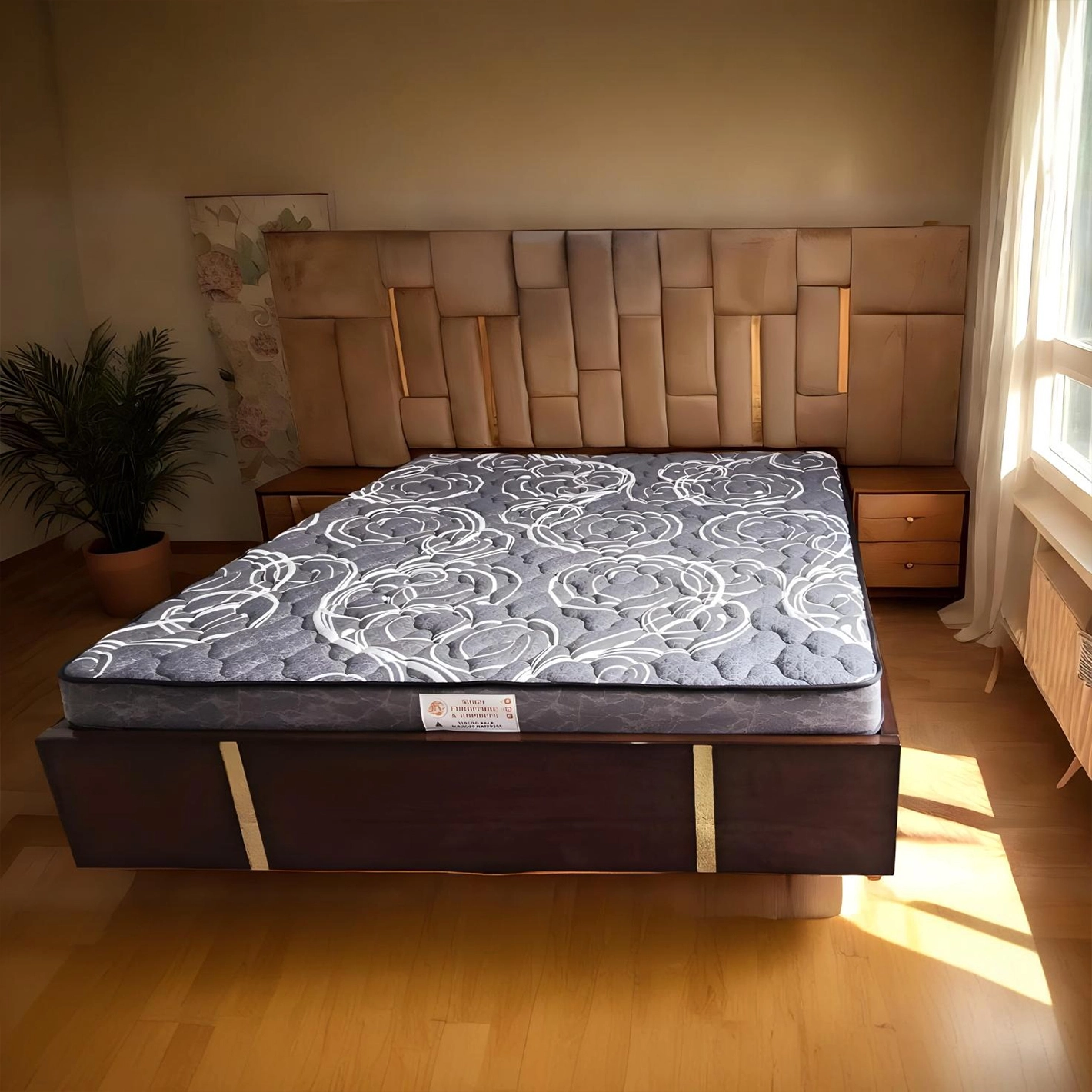 Geometric Elegance Bed with Gold Accent Detailing